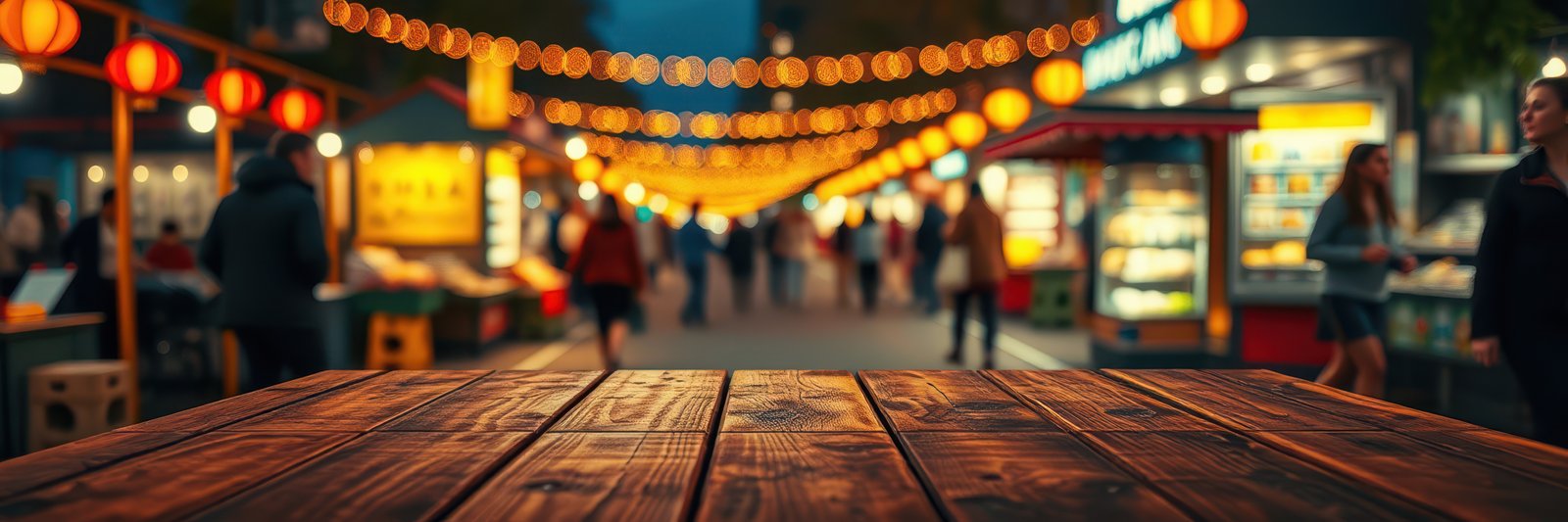 Night market bustling with activity and vibrant lights near wooden table in foreground